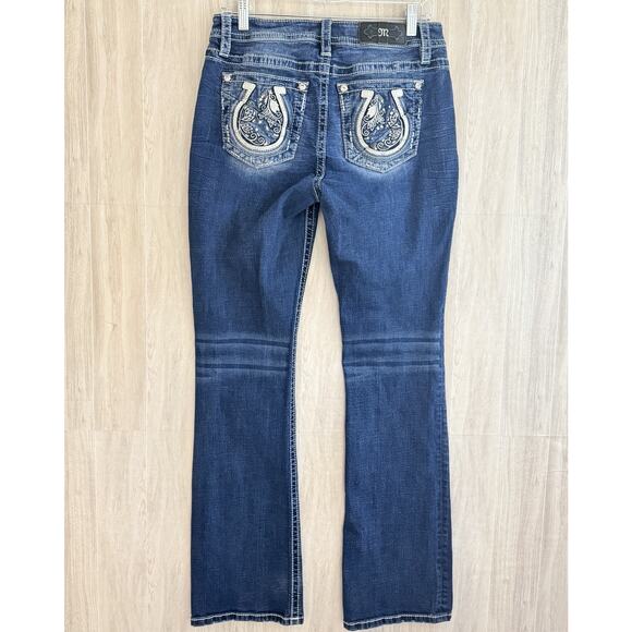 Miss Me Jeans Women 29 Floral Swirl Horseshoe Bling Pocket Mid Rise Boot Cut - Picture 3 of 16